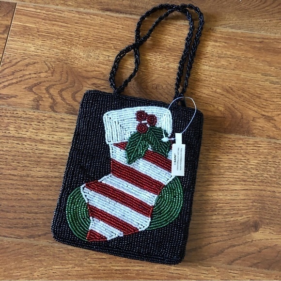 Mini hand beaded Christmas stocking purse - Picture 2 of 7